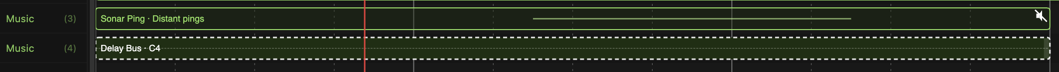 A muted Music track above a Music track holding a Delay Bus event