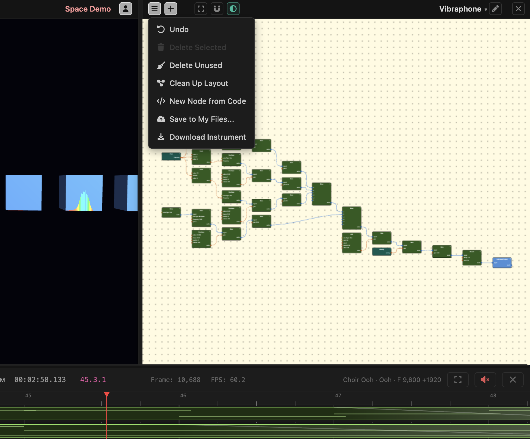 An instrument in the node editor, with the burger menu open