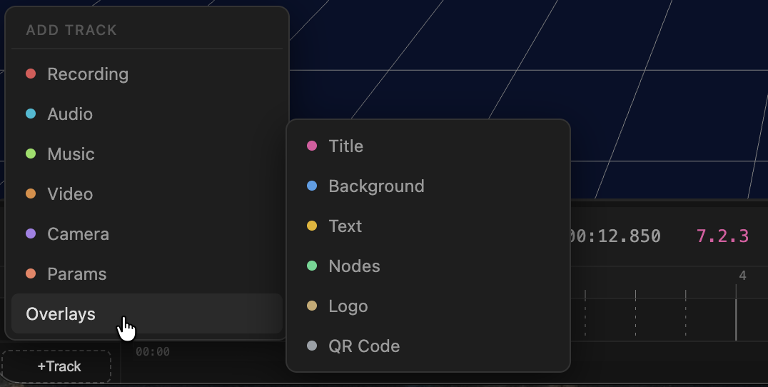 The +Track picker with the Overlays submenu open
