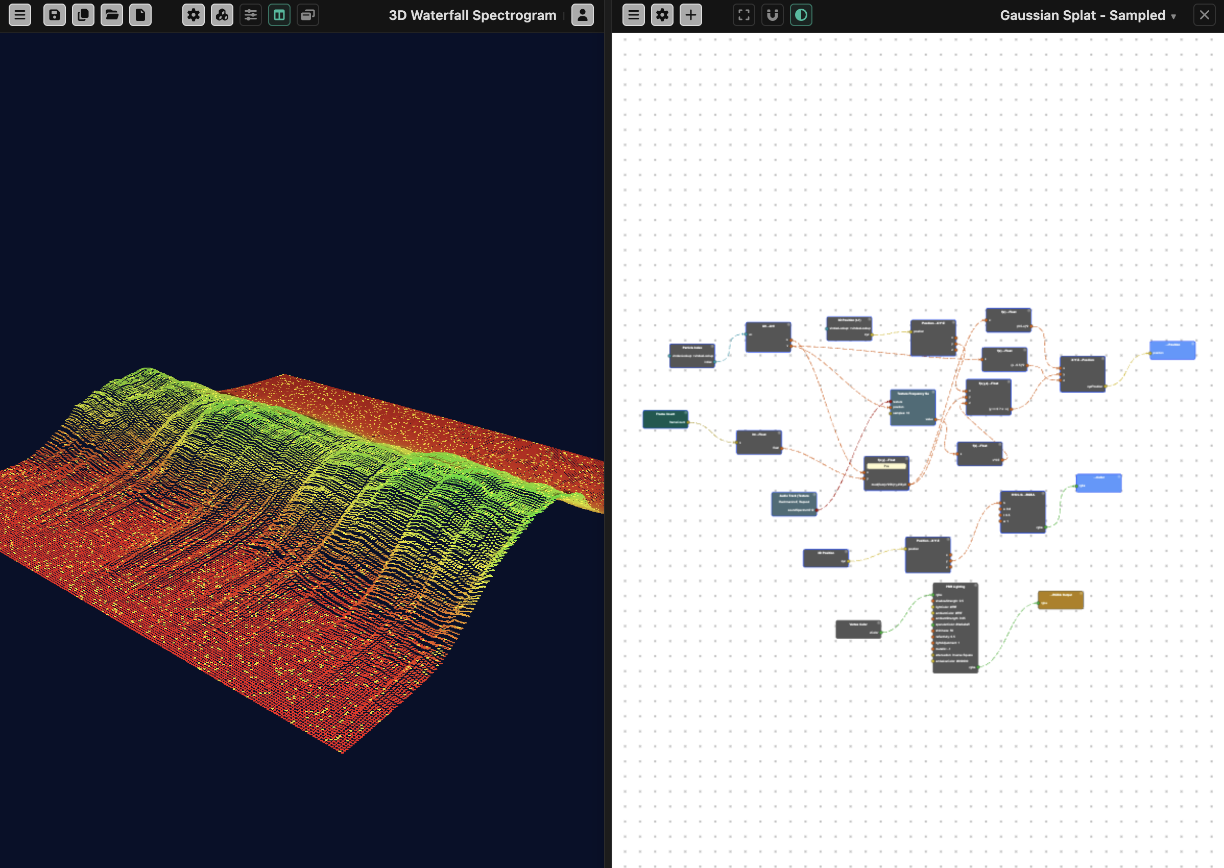 A 3D waterfall spectrogram built from real frequency-band analysis of a music track