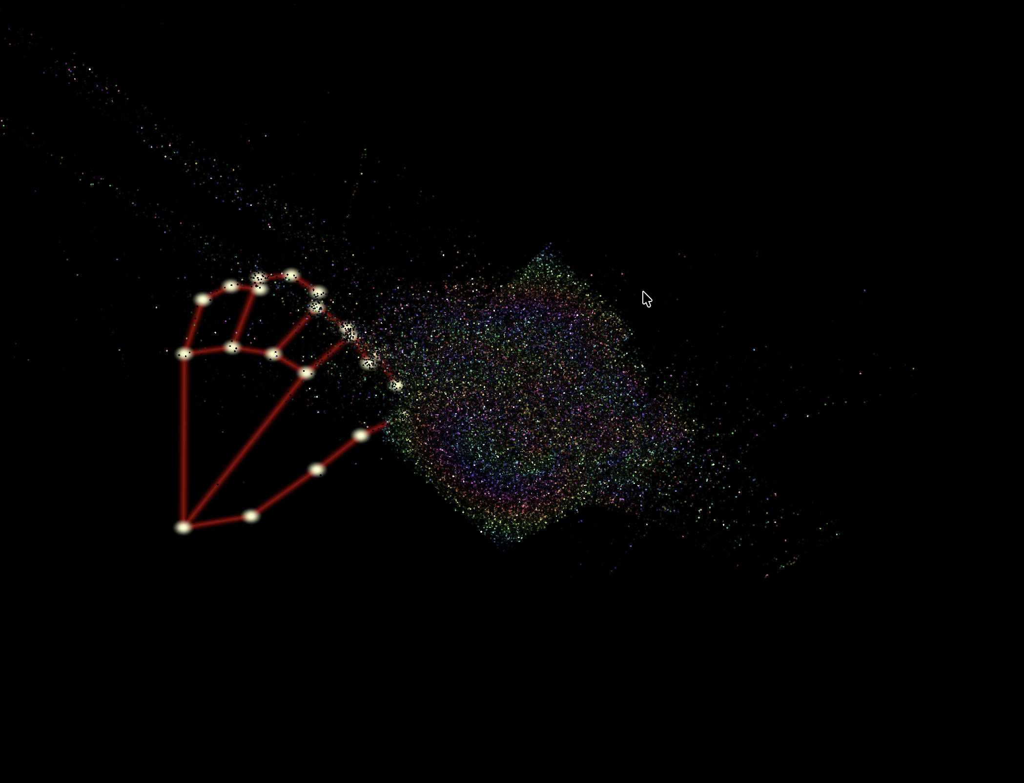 A hand tracked by webcam controlling a particle cloud in real time