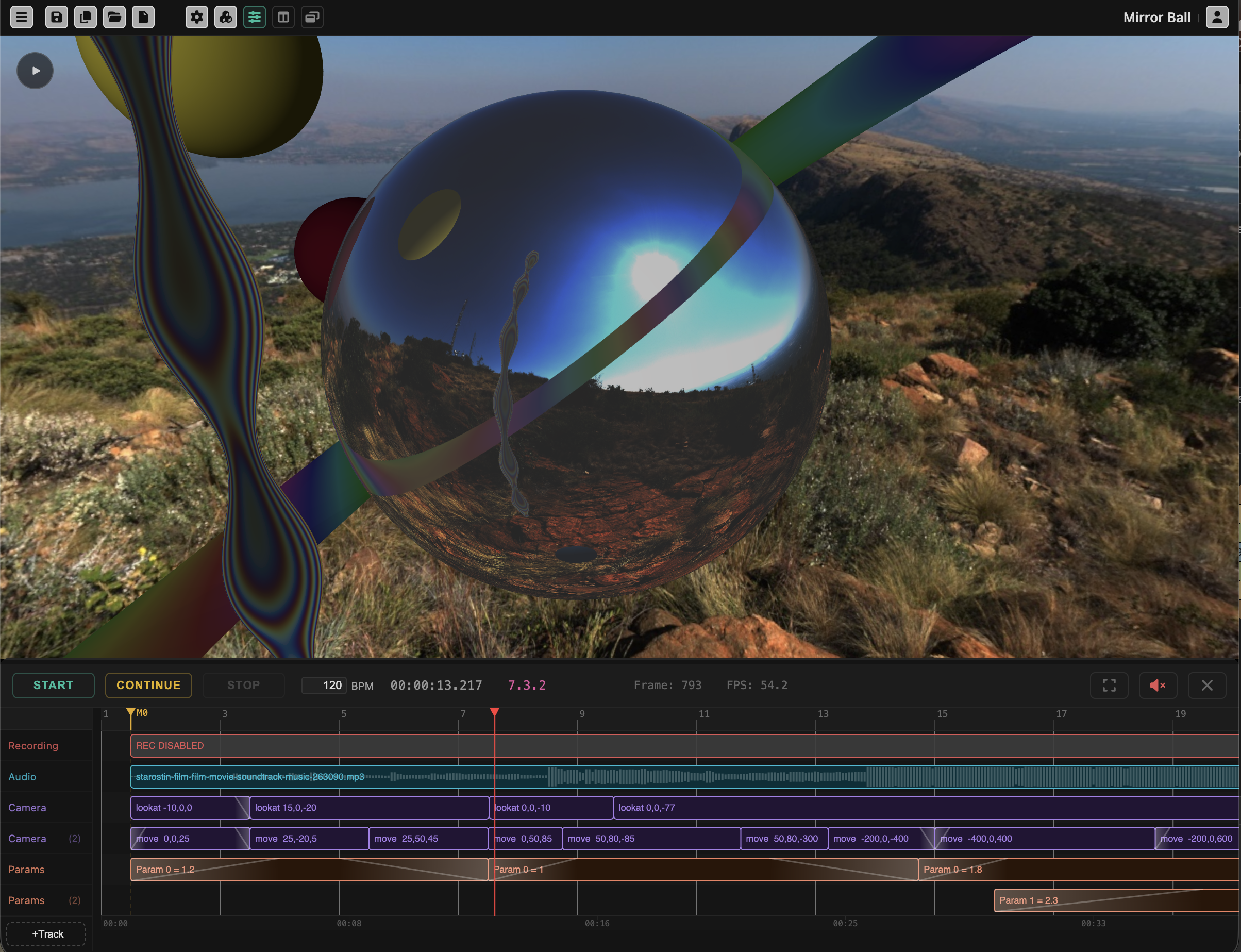 The Runsheet timeline, showing camera, audio and parameter tracks for the Mirror Ball project