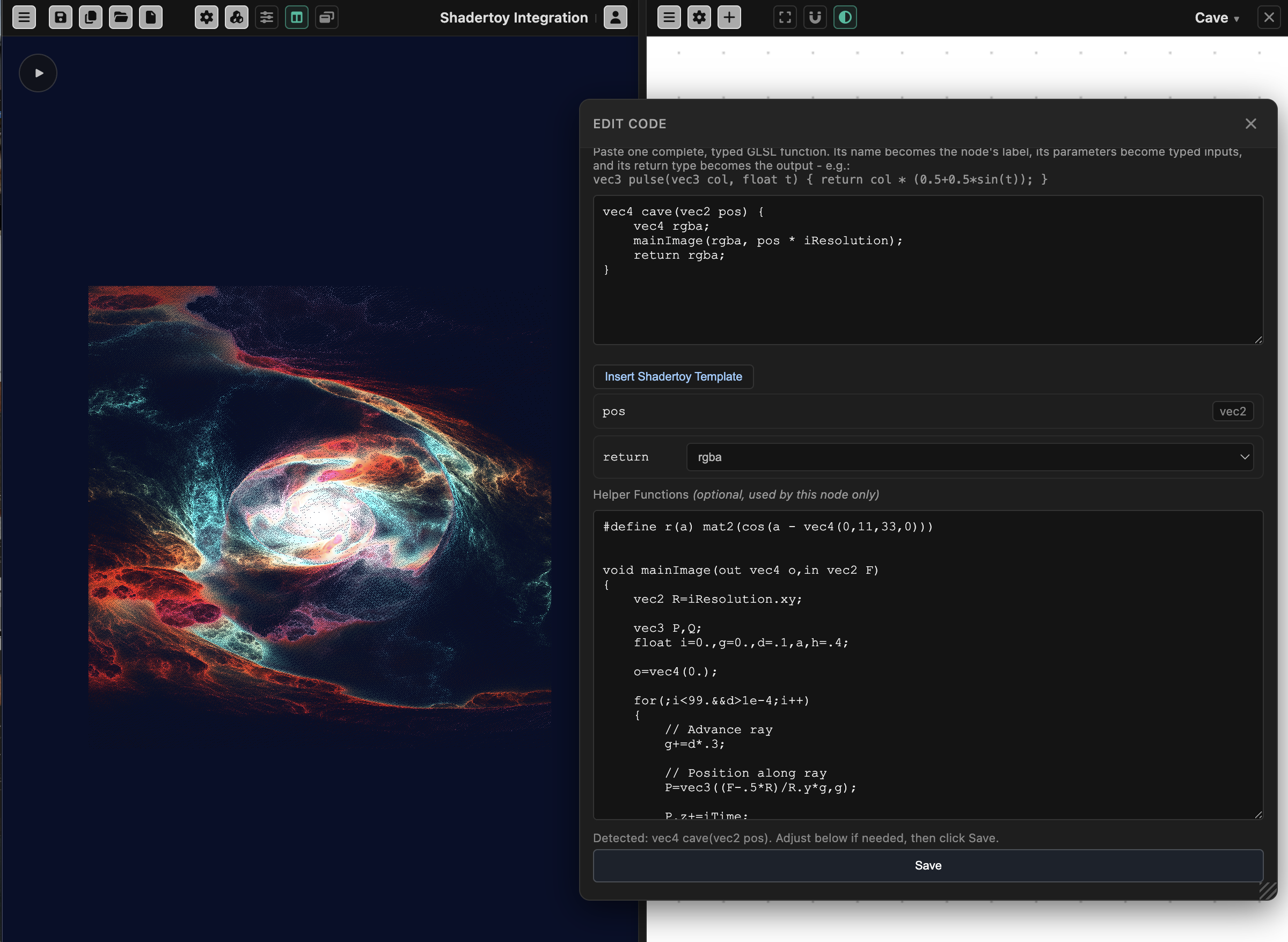 A Shadertoy shader running unmodified inside a VerkLabs node graph